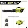 RYOBI 40V HP Brushless Cordless Leaf Blower, 730 CFM, 190 MPH, 2x 4.0 Ah Batteries And Charger