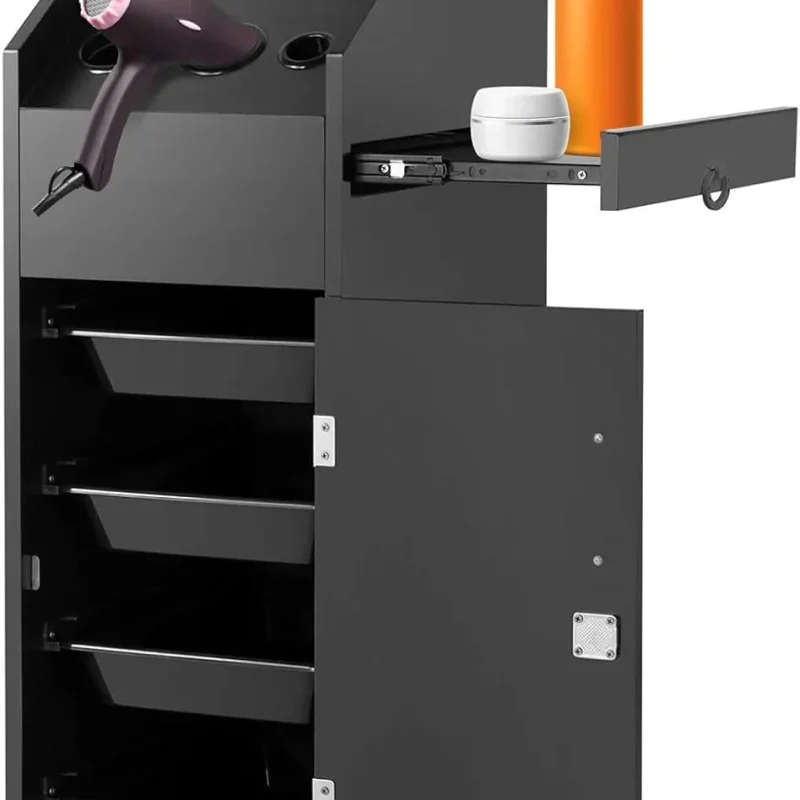 Salon Rolling Storage Cart With 4 Drawers, 3 Hair Dryer Holders And Side Tray - Black