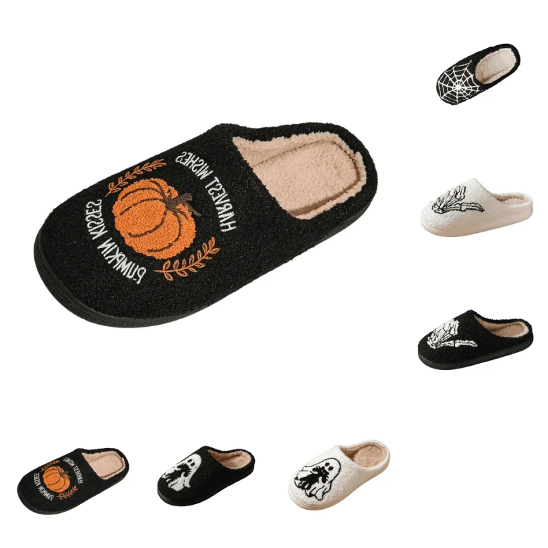 SAWOBUUN Womens Mens Halloween Pumpkin Slippers Cozy Fuzzy Closed Toe House Slippers Fall Harvest Plush Warm Indoor Slip