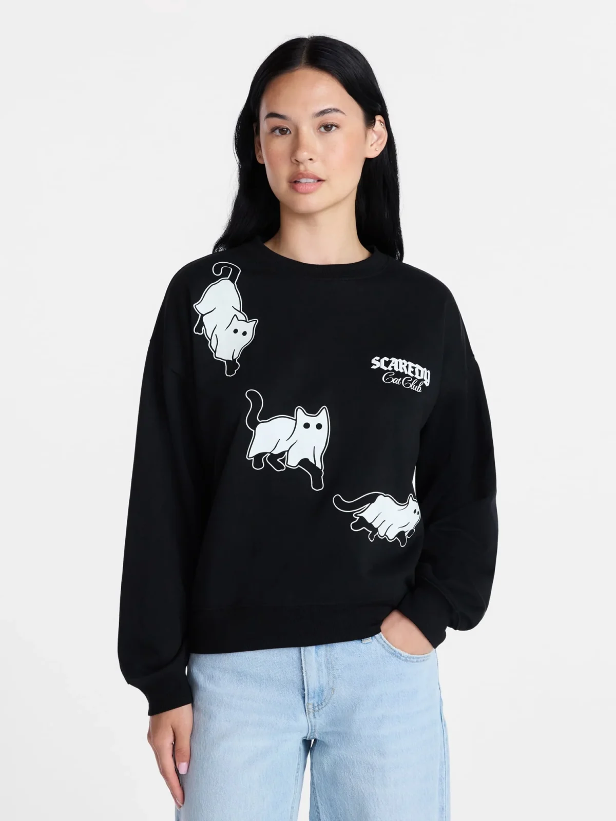 Scaredy Cat Club Women's Halloween Graphic Crew Pullover Sweatshirt