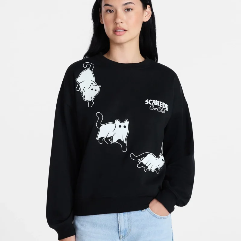 Scaredy Cat Club Women's Halloween Graphic Crew Pullover Sweatshirt