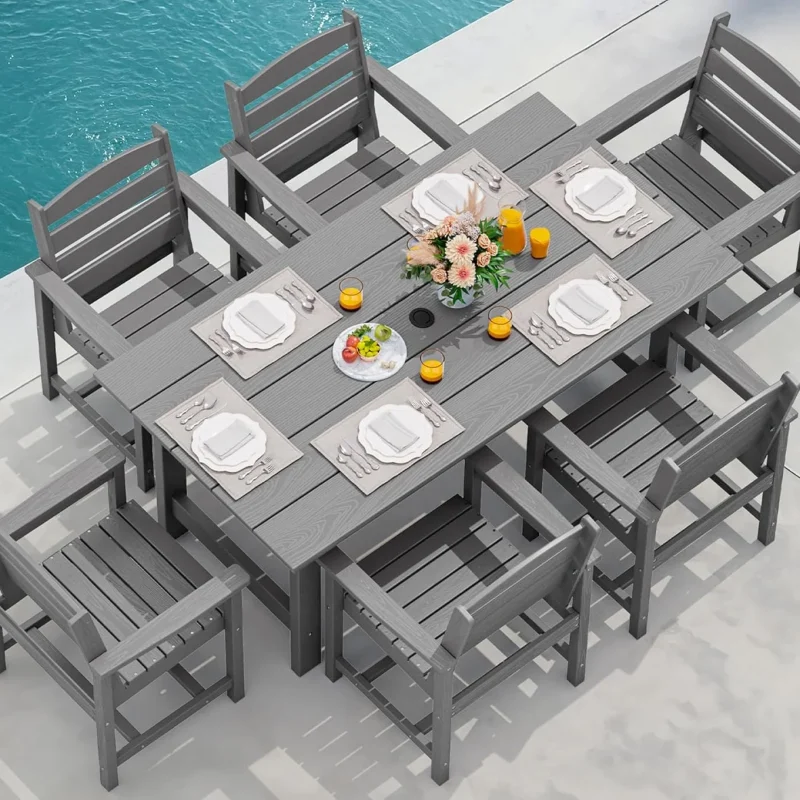 SERWALL 7-Piece HDPE Outdoor Dining Set With Umbrella Hole - Gray