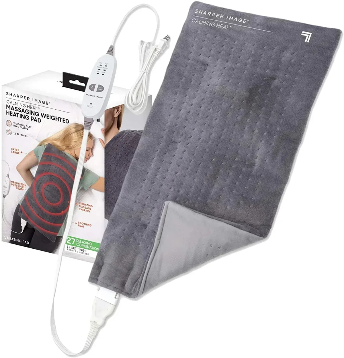 Sharper Image Calming Comfort Heat Massaging Weighted Heating Pad With Vibration, 12 Settings, 12 x 24 in, 4 lbs