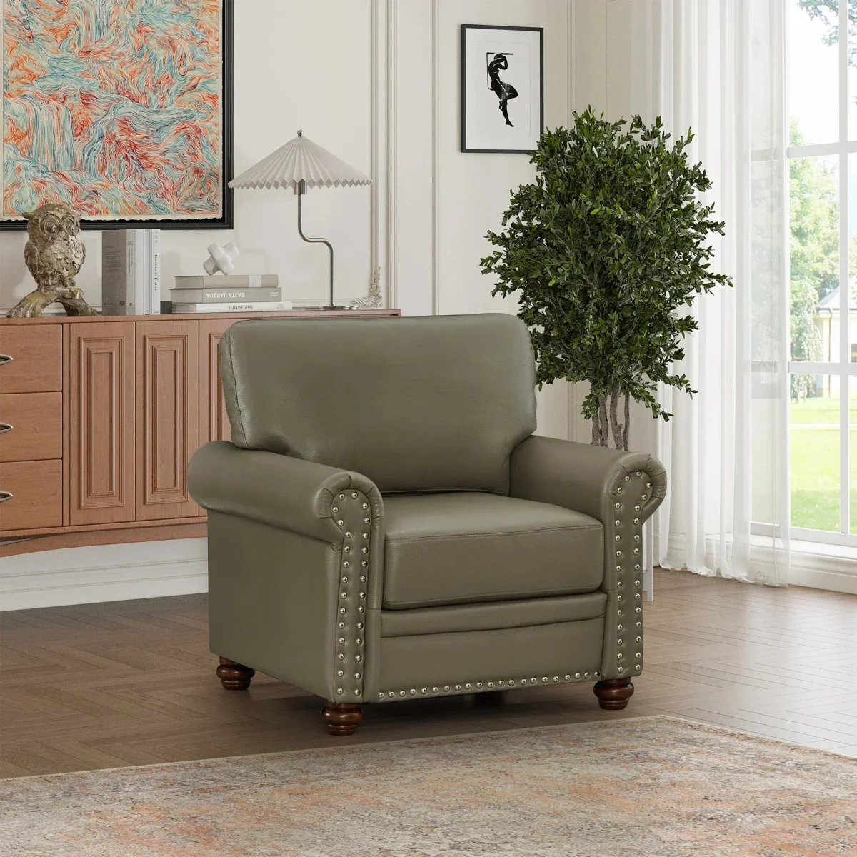Single Seat Living Room Sofa Chair With Wood Legs, Grey Faux Leather