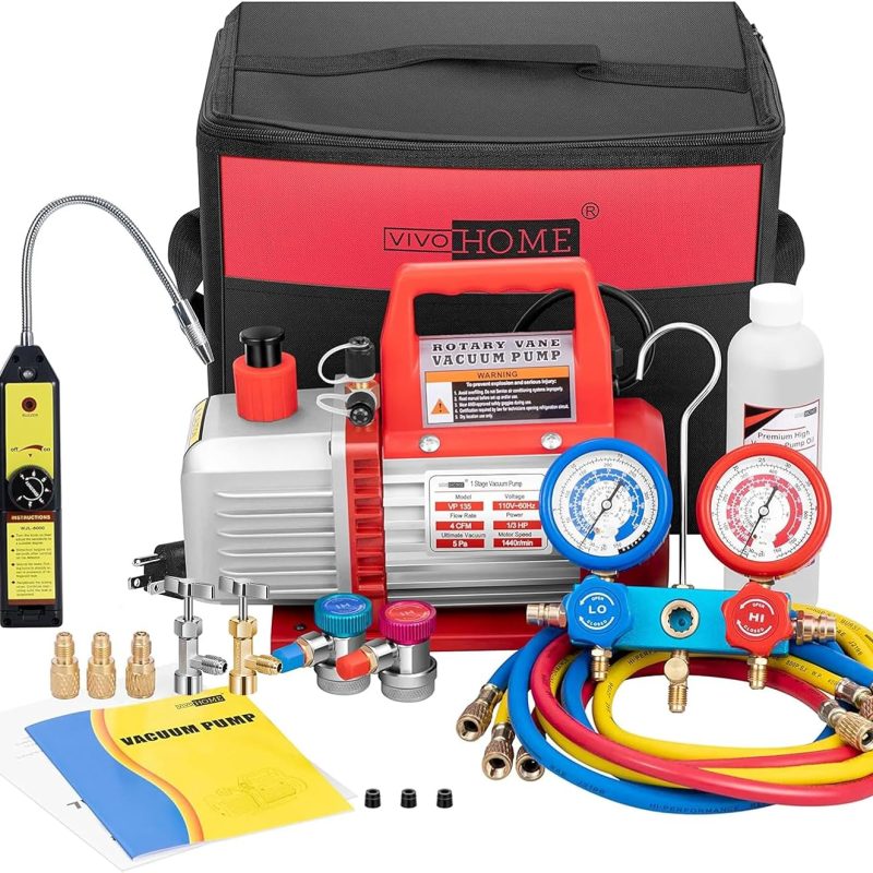 Single-Stage Rotary Vane Air Vacuum Pump With R134a AC Manifold Gauge Kit - 110V, 1/3 HP, 4 CFM