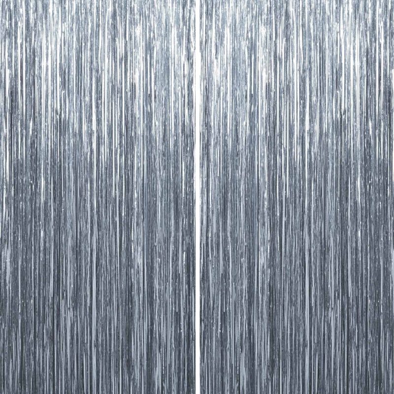 Sm:)e 2-Pack Light Bright Silver Foil Fringe Curtains for Events - Birthday, Wedding, Graduation, Christmas, Baby Shower