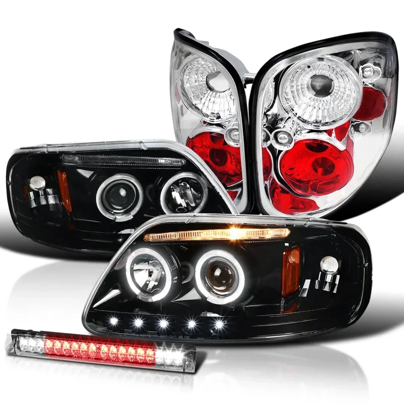 Spec-D Tuning Black LED Strip Projector Headlights With 6-LED Fog Lamps - Ford F150 Flareside 1997-2003, 04 Heritage