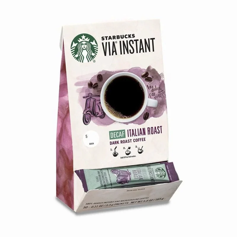 Starbucks VIA Instant Decaf Italian Roast Coffee Dark Roast 100% Arabica 50 Packets