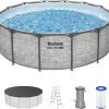 Steel Pro MAX 14 Foot x 48 Inch Round Steel Frame Above Ground Pool Set With 1,000 Filter Pump, Ladder And Cover - Gray