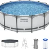 Steel Pro MAX 14 Foot x 48 Inch Round Steel Frame Above Ground Pool Set With 1,000 Filter Pump, Ladder And Cover - Gray