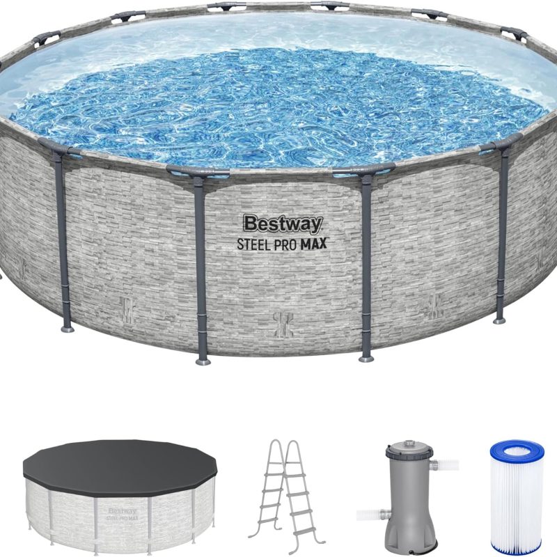 Steel Pro MAX 14 Foot x 48 Inch Round Steel Frame Above Ground Pool Set With 1,000 Filter Pump, Ladder And Cover - Gray