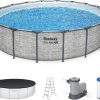 Steel Pro MAX 14 Foot x 48 Inch Round Steel Frame Above Ground Pool Set With 1,000 Filter Pump, Ladder And Cover - Gray