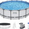 Steel Pro MAX 14 Foot x 48 Inch Round Steel Frame Above Ground Pool Set With 1,000 Filter Pump, Ladder And Cover - Gray