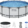 Steel Pro MAX 14 Foot x 48 Inch Round Steel Frame Above Ground Pool Set With 1,000 Filter Pump, Ladder And Cover - Gray