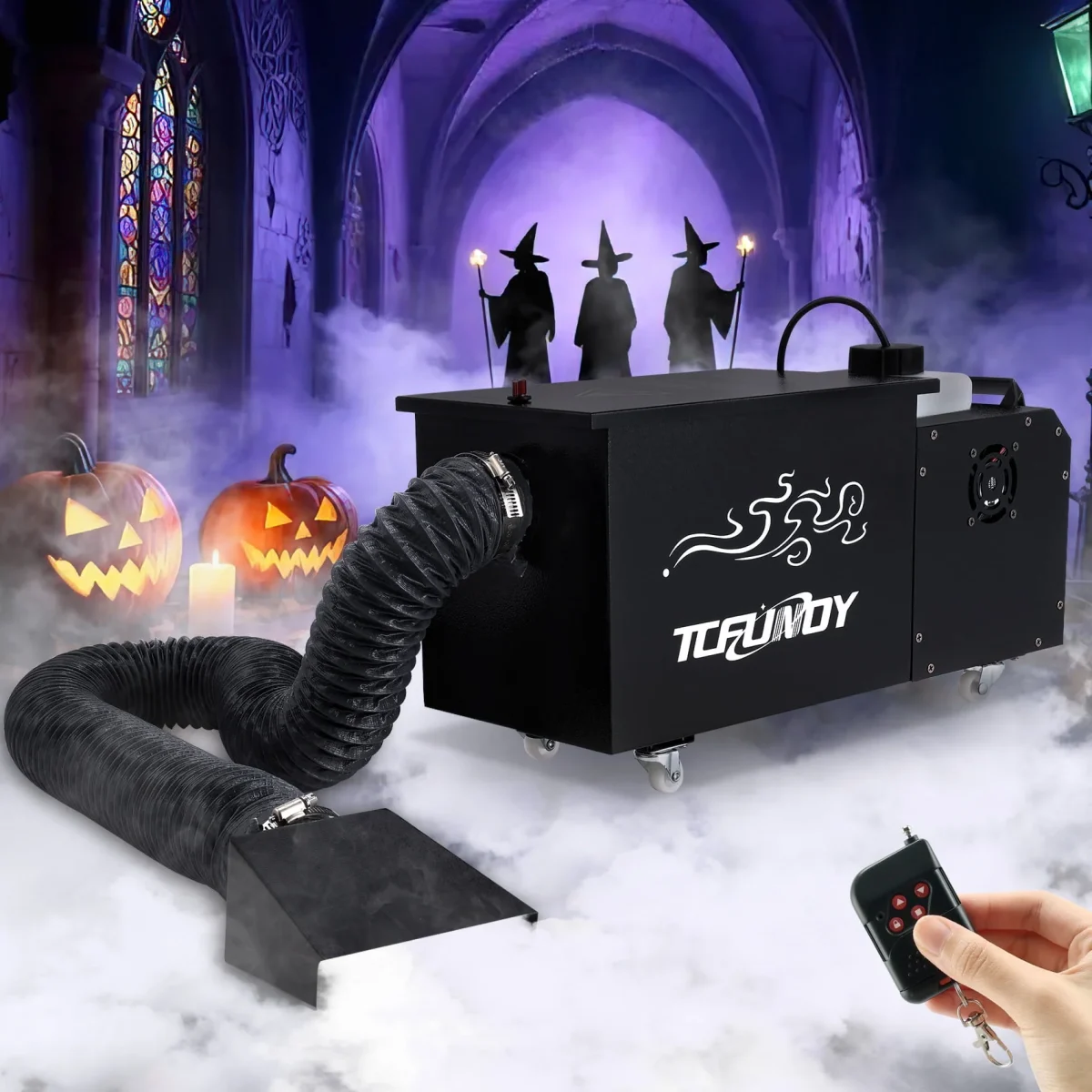 TCFUNDY 1500W Low Lying Fog Machine, Dry-Ice Effect Fogger w/ Tube, Ground Smoke Machine w/ DMX & Wireless Remote Contro