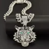 Tiger Head Pendant Necklace With Green Eyes, 13mm Cuban Link Chain, 20in - Gold Or Silvery