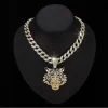 Tiger Head Pendant Necklace With Green Eyes, 13mm Cuban Link Chain, 20in - Gold Or Silvery