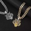 Tiger Head Pendant Necklace With Green Eyes, 13mm Cuban Link Chain, 20in - Gold Or Silvery