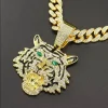 Tiger Head Pendant Necklace With Green Eyes, 13mm Cuban Link Chain, 20in - Gold Or Silvery