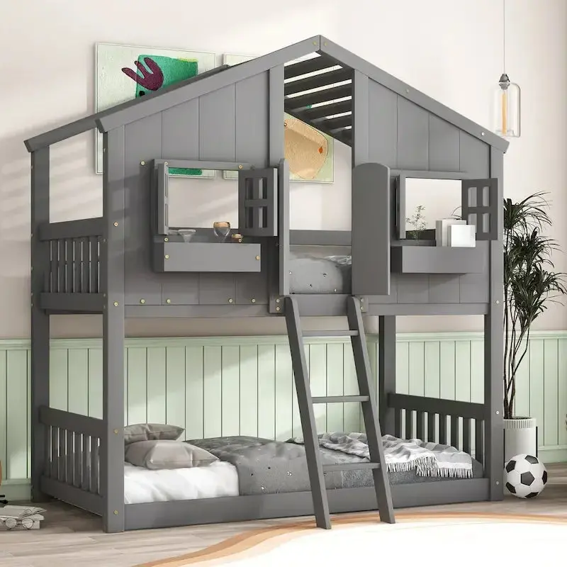 Twin-Over-Twin Playhouse-Style Bunk Bed - Grey With Roof, Window & Safety Rails