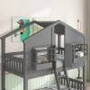 Twin-Over-Twin Playhouse-Style Bunk Bed - Grey With Roof, Window & Safety Rails