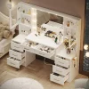 UGTOO LED Makeup Vanity Desk With Mirror, 58.27in, 10 Adjustable LED Bulbs, 8 Drawers, 2 Cabinets, White