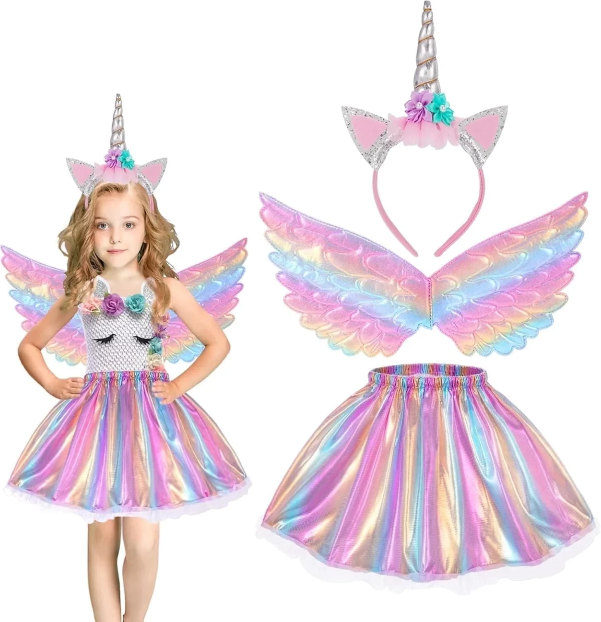 Unicorn Costume for Girls, Tutu Skirt Wings Unicorn Headband Princess Outfit for Birthday Halloween Christmas Cosplay Dr