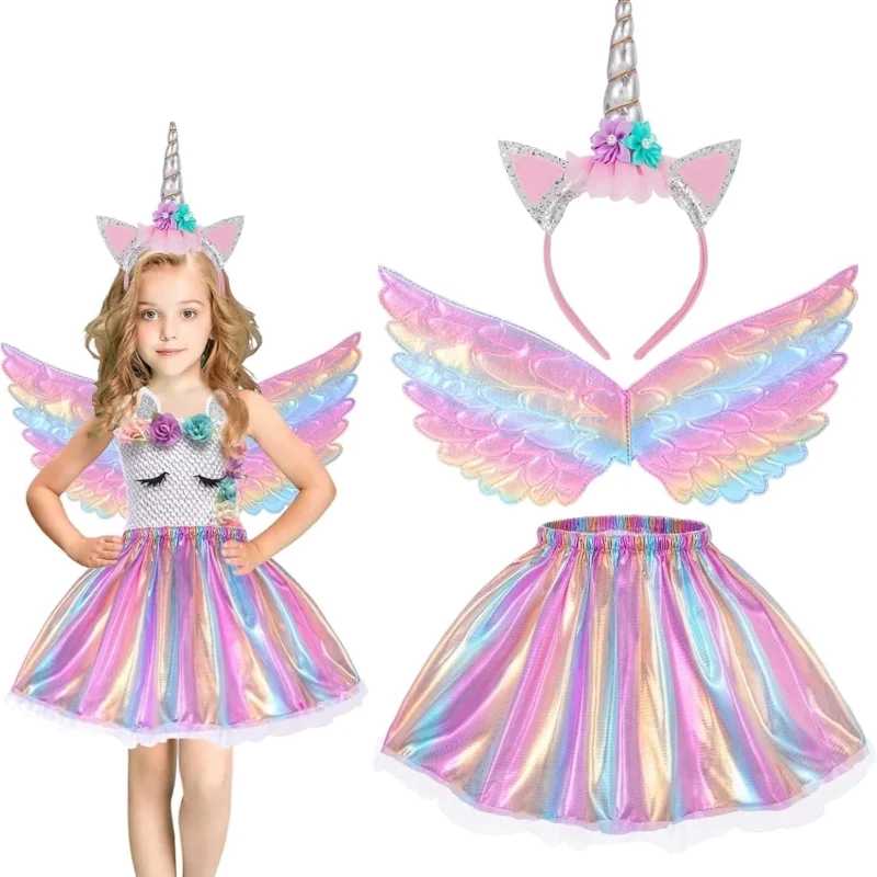 Unicorn Costume for Girls, Tutu Skirt Wings Unicorn Headband Princess Outfit for Birthday Halloween Christmas Cosplay Dr