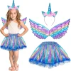 Unicorn Costume for Girls, Tutu Skirt Wings Unicorn Headband Princess Outfit for Birthday Halloween Christmas Cosplay Dr