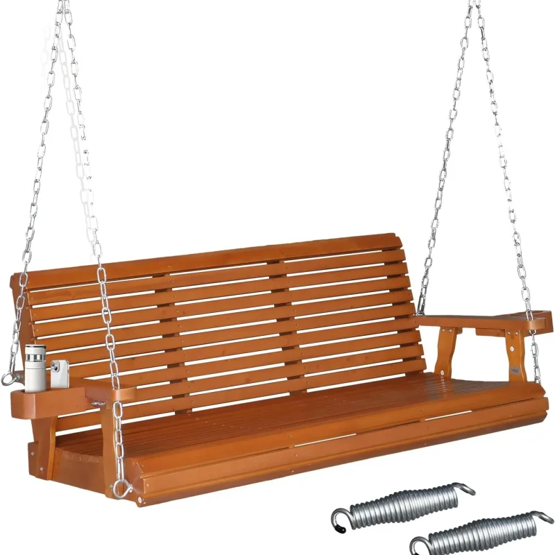VINGLI Patio Porch Swing Bench With Cup Holders And Phone Slots, 5 FT Pro Brown, 880 LBS