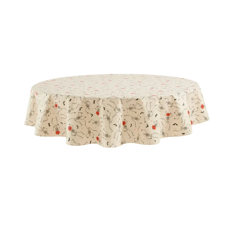 Way To Celebrate Halloween PEVA Tablecloth, For Table 70" Round - Skeleton Pumpkin Head Toss