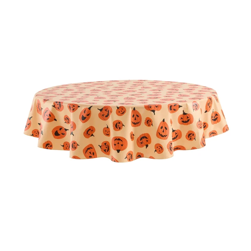 Way To Celebrate Halloween PEVA Tablecloth, Indoor & Outdoor Table 70" Round - Pumpkin Toss