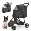 Wedyvko 4 Wheel Foldable Pet Stroller With Storage Basket For Small Medium Dogs & Cats - Black