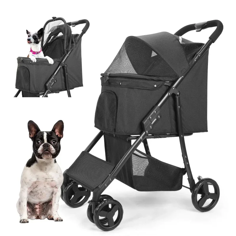 Wedyvko 4 Wheel Foldable Pet Stroller With Storage Basket For Small Medium Dogs & Cats - Black