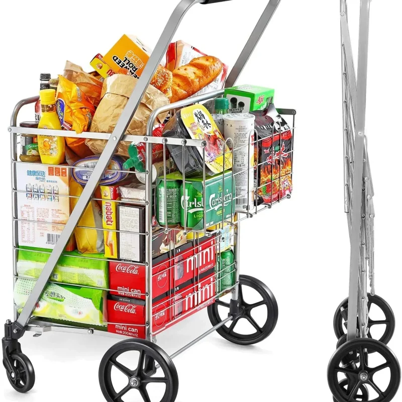Wellmax Folding Metal Grocery Shopping Cart With Wheels, 31 x 24.5 x 40 Inches - WM99028S