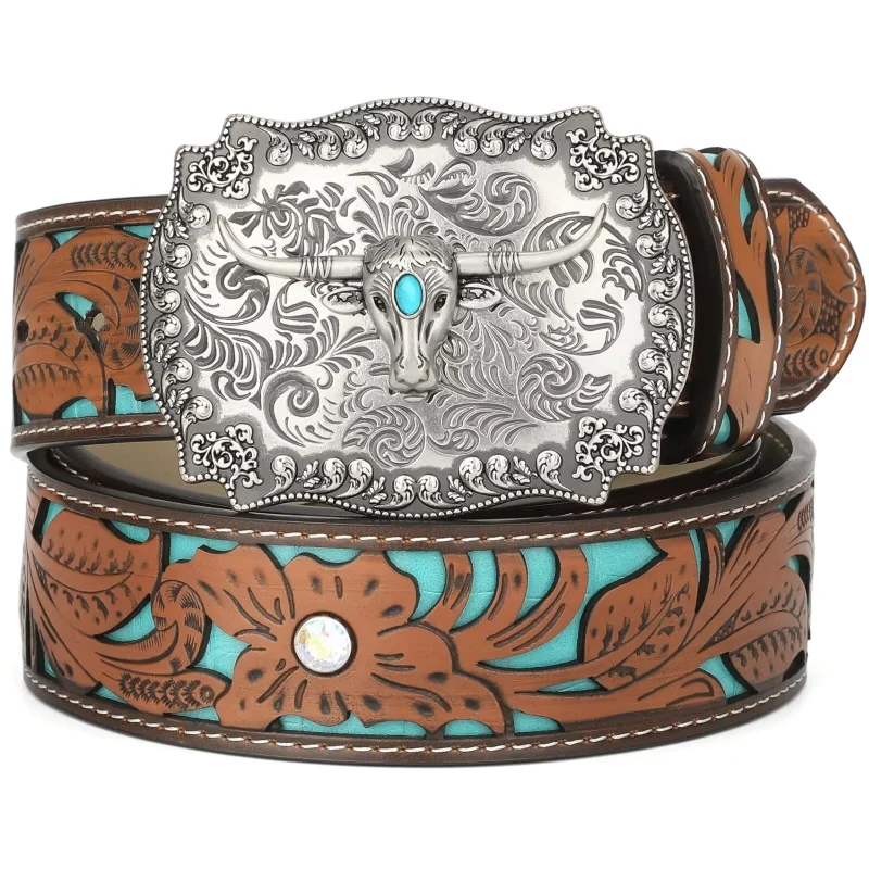 WHIPPY Western Genuine Leather Belt for Women Men Ladies Vintage Engraved Belt Cowboy Cowgirl Belt