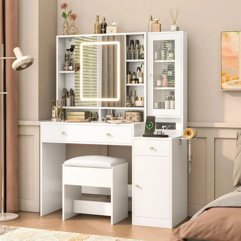 White Vanity Desk With Sliding LED Mirror, Charging Station, 2 Drawers, 2 Doors And Cushioned Stool - 15.7'D x 43'W x 57