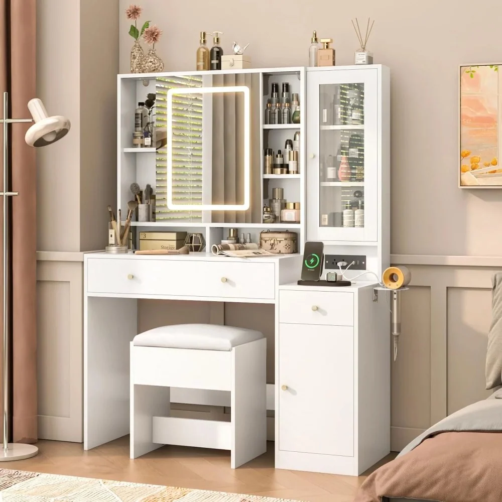 White Vanity Desk With Sliding LED Mirror, Charging Station, 2 Drawers, 2 Doors And Cushioned Stool - 15.7'D x 43'W x 57
