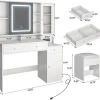 White Vanity Desk With Sliding LED Mirror, Charging Station, 2 Drawers, 2 Doors And Cushioned Stool - 15.7'D x 43'W x 57