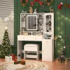White Vanity Desk With Sliding LED Mirror, Charging Station, 2 Drawers, 2 Doors And Cushioned Stool - 15.7'D x 43'W x 57