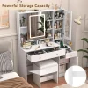 White Vanity Desk With Sliding LED Mirror, Charging Station, 2 Drawers, 2 Doors And Cushioned Stool - 15.7'D x 43'W x 57