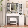 White Vanity Desk With Sliding LED Mirror, Charging Station, 2 Drawers, 2 Doors And Cushioned Stool - 15.7'D x 43'W x 57