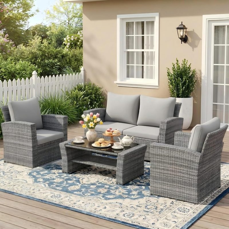 Wisteria Lane 4-Piece Wicker Patio Conversation Set With Cushions And Glass Table - Ash Gray