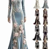 Women Skeleton Dress 3D Print Velvet Floral Long Sleeve Halloween Costumes, Skeleton Costume for Women Cosplay Party