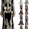 Women Skeleton Dress 3D Print Velvet Floral Long Sleeve Halloween Costumes, Skeleton Costume for Women Cosplay Party