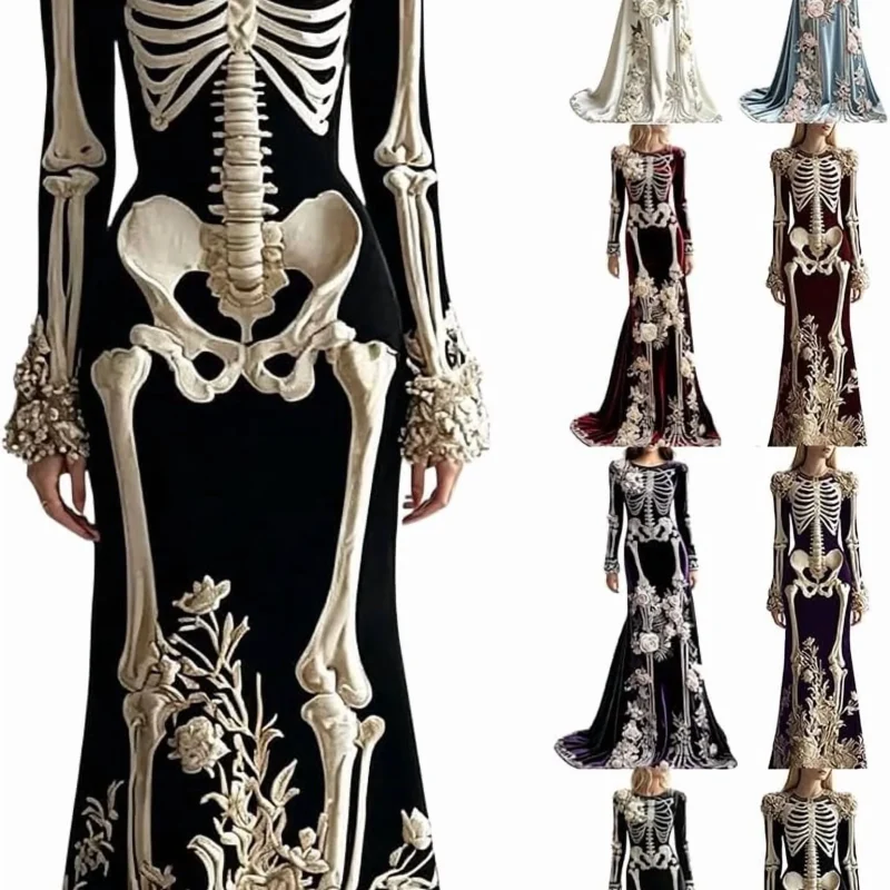 Women Skeleton Dress 3D Print Velvet Floral Long Sleeve Halloween Costumes, Skeleton Costume for Women Cosplay Party