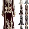 Women Skeleton Dress 3D Print Velvet Floral Long Sleeve Halloween Costumes, Skeleton Costume for Women Cosplay Party