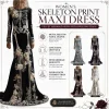 Women Skeleton Dress 3D Print Velvet Floral Long Sleeve Halloween Costumes, Skeleton Costume for Women Cosplay Party