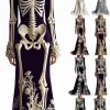 Women Skeleton Dress 3D Print Velvet Floral Long Sleeve Halloween Costumes, Skeleton Costume for Women Cosplay Party