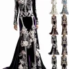 Women Skeleton Dress 3D Print Velvet Floral Long Sleeve Halloween Costumes, Skeleton Costume for Women Cosplay Party